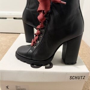 SCHUTZ Black Lace Up Boots with Red Laces